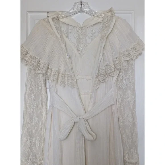 VTG 70s Prairie Maxi Dress Ivory Lace Victorian Revival S Boho Cottagecore Bride - Picture 8 of 16